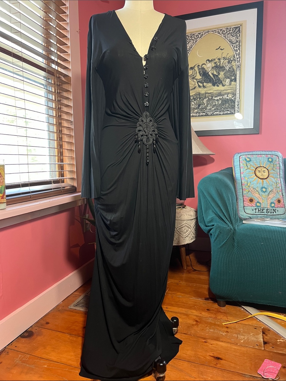 Black Long Sleeve Evening Gown with Beaded Detail